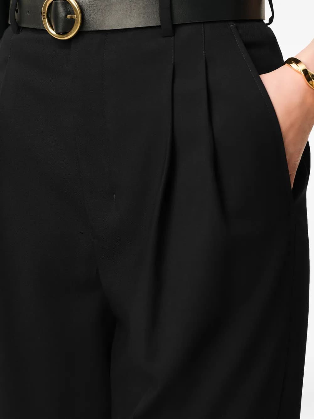 Pantaloni larghi neri a vita alta in lana vergine