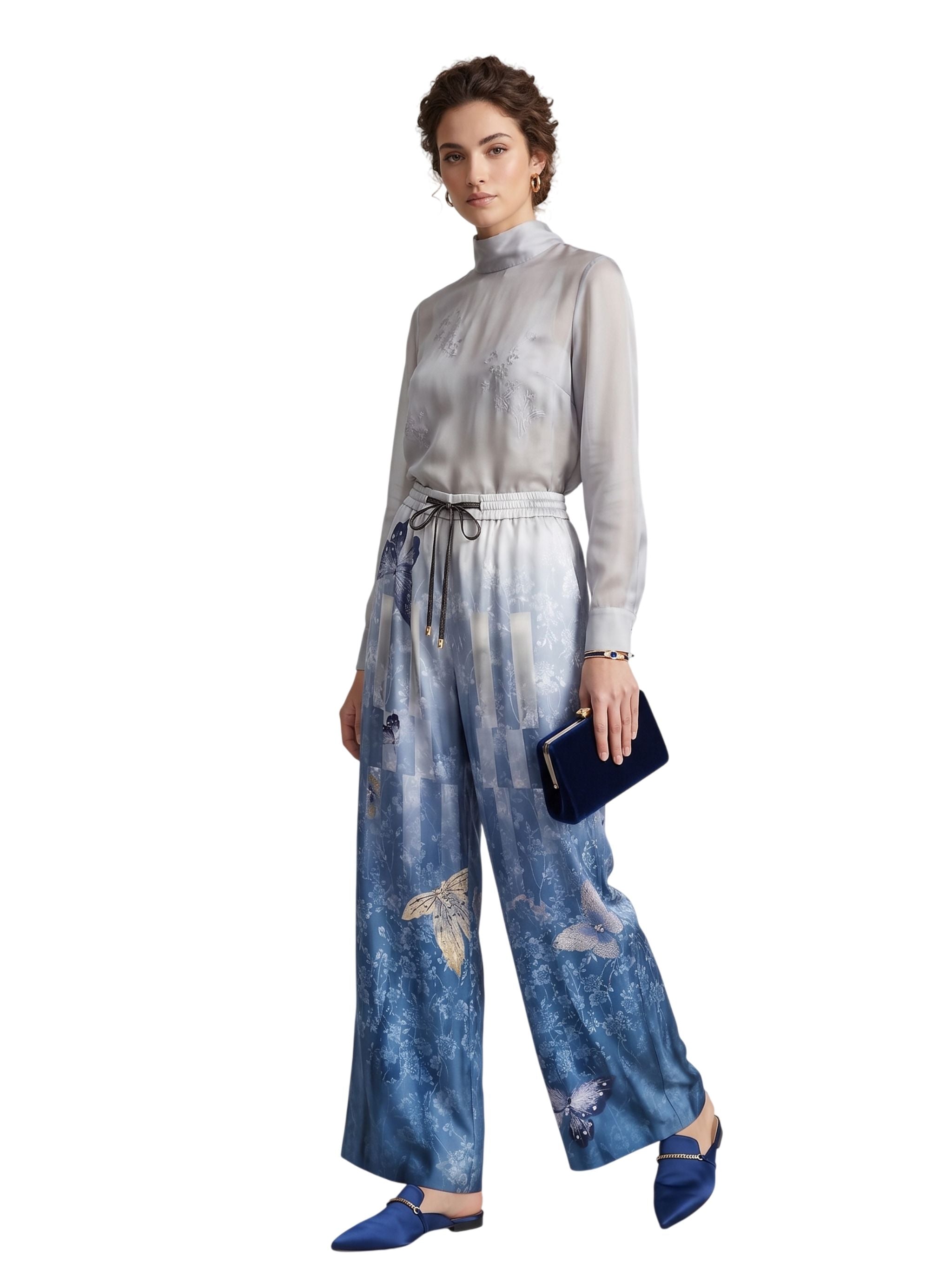 Pantalone palazzo con coulisse e stampa butterfly