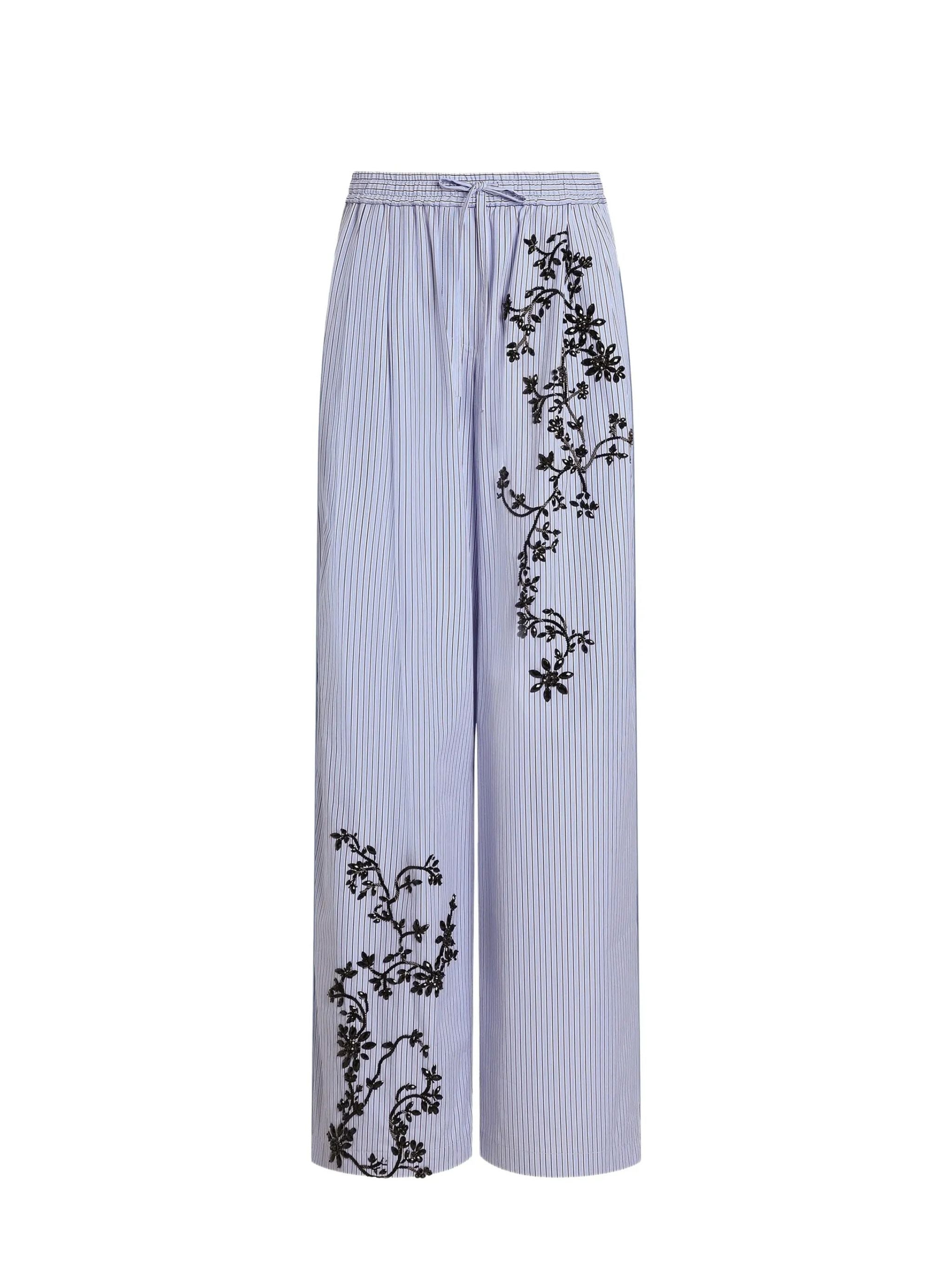 Pantaloni in popeline rigato con ricamo fiori
