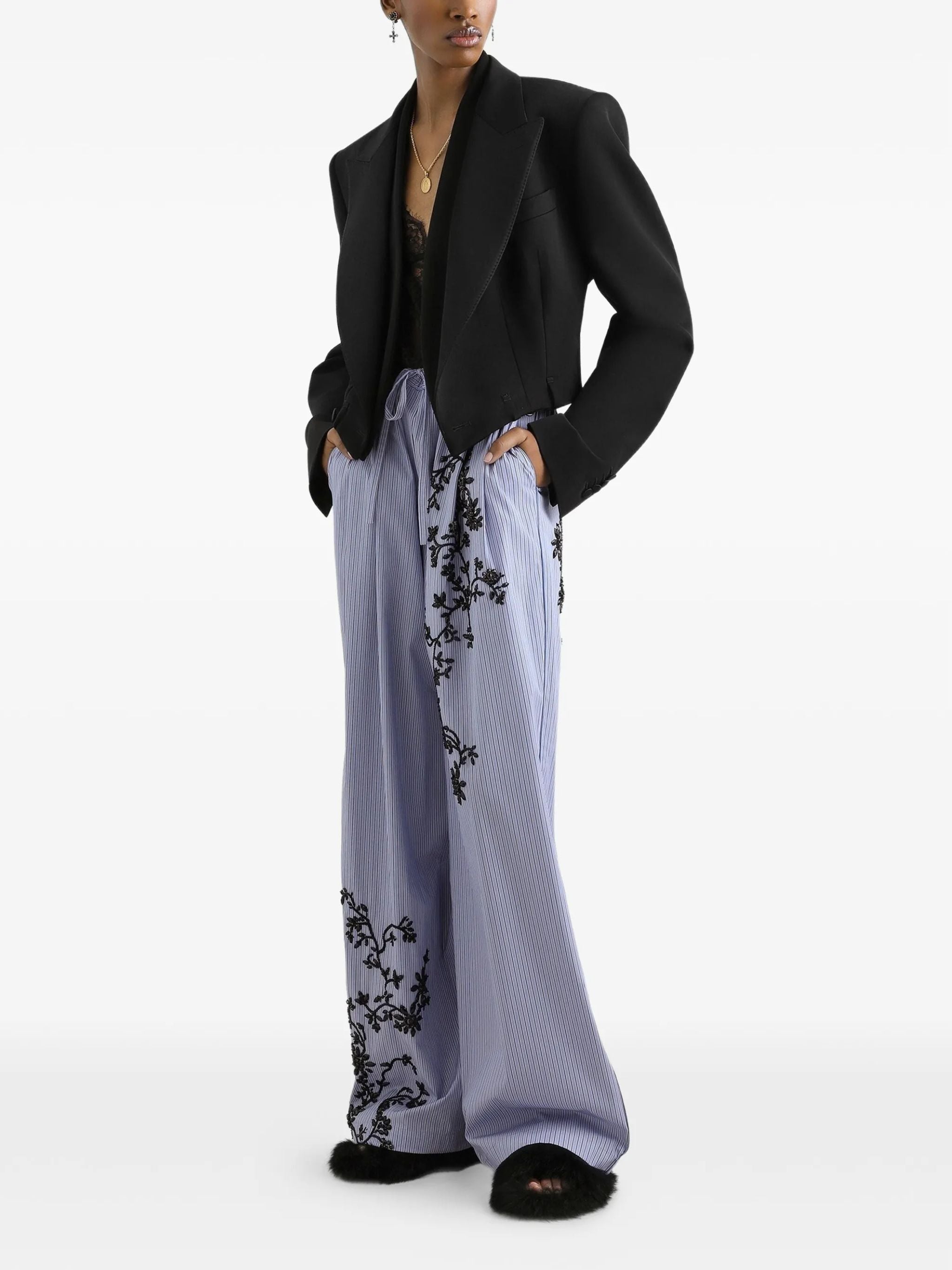 Pantaloni in popeline rigato con ricamo fiori