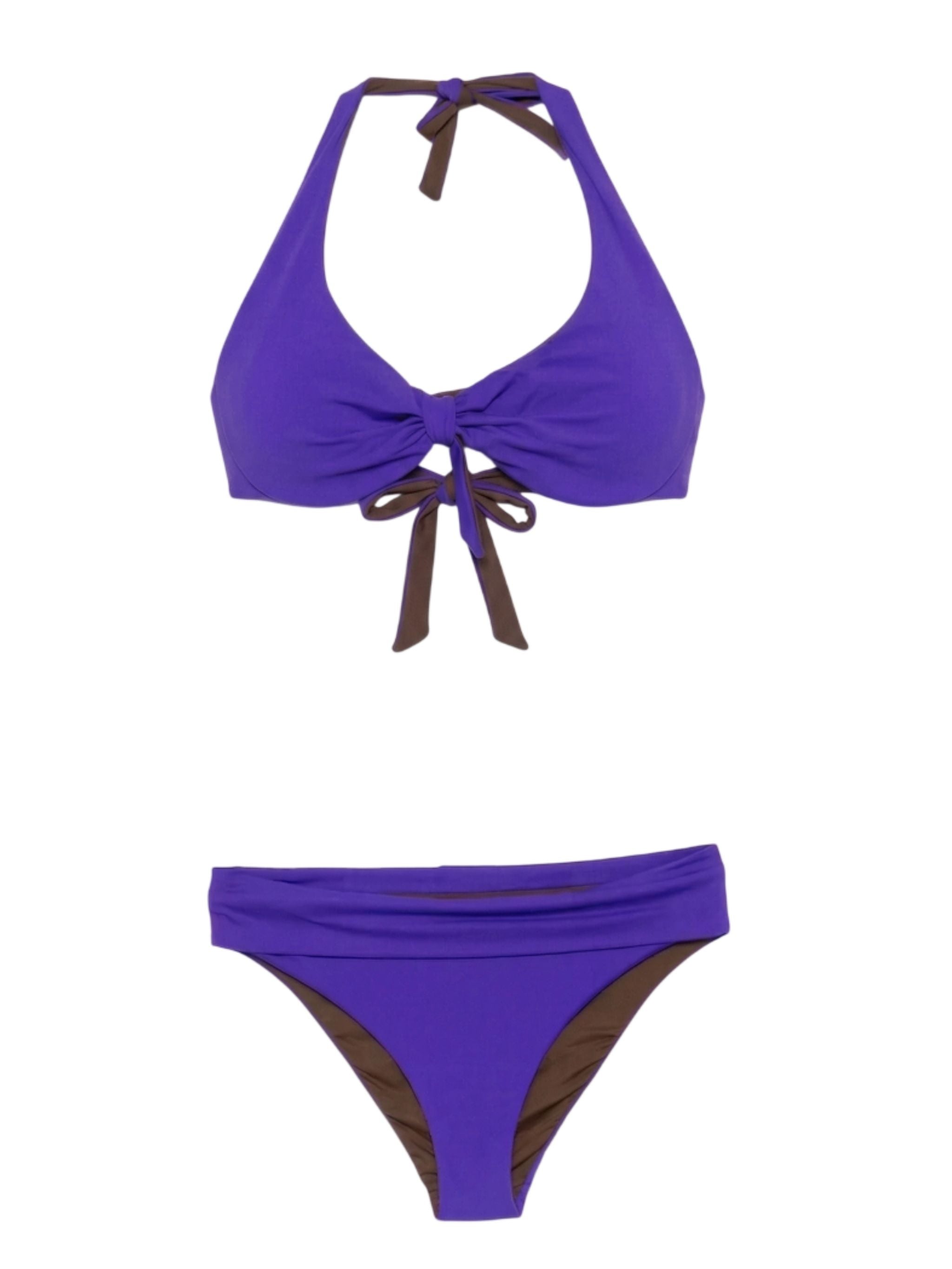 Bikini due pezzi con dettaglio nodo e scollo halter – Viola/Marrone
