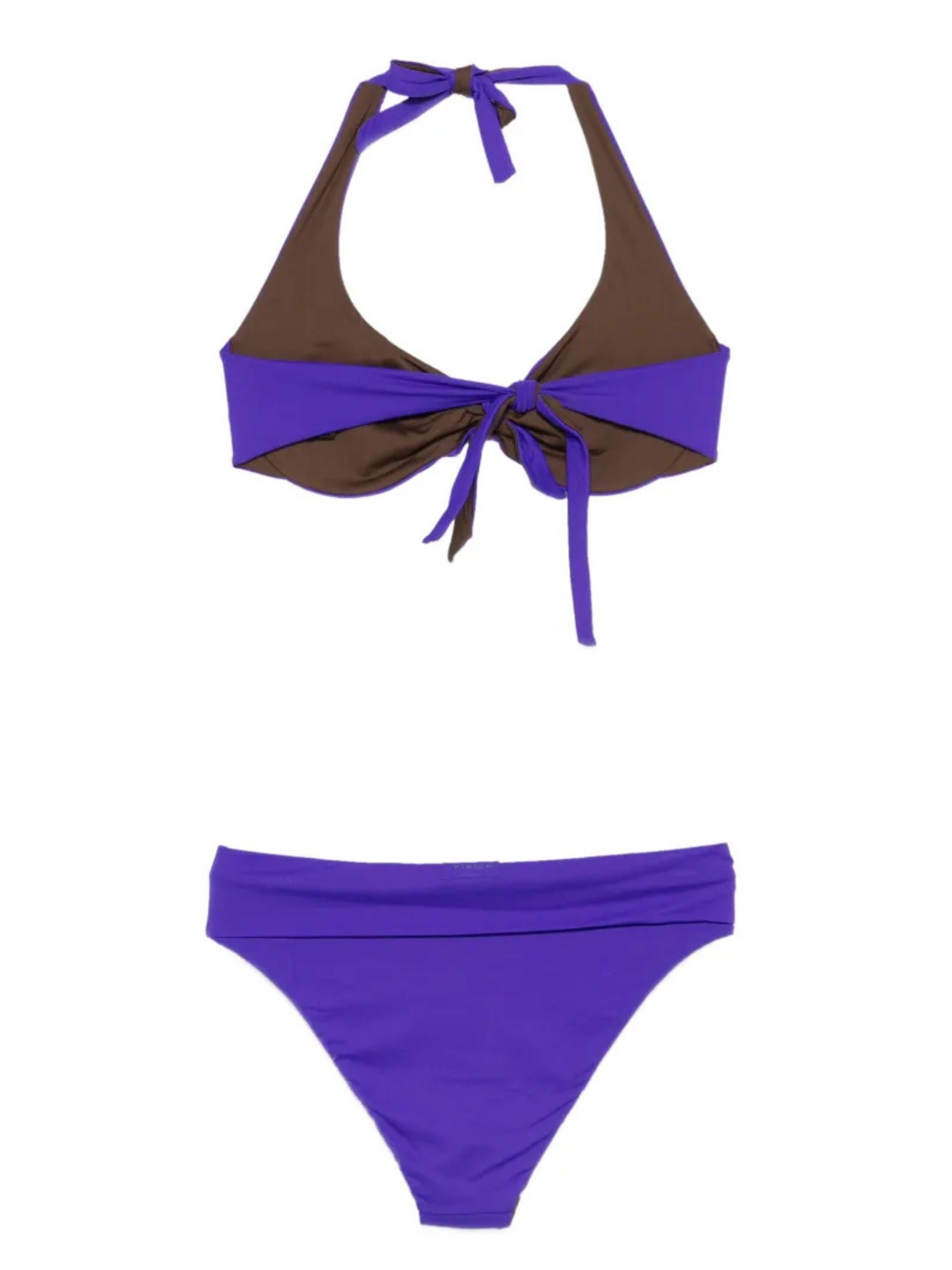 Bikini due pezzi con dettaglio nodo e scollo halter – Viola/Marrone