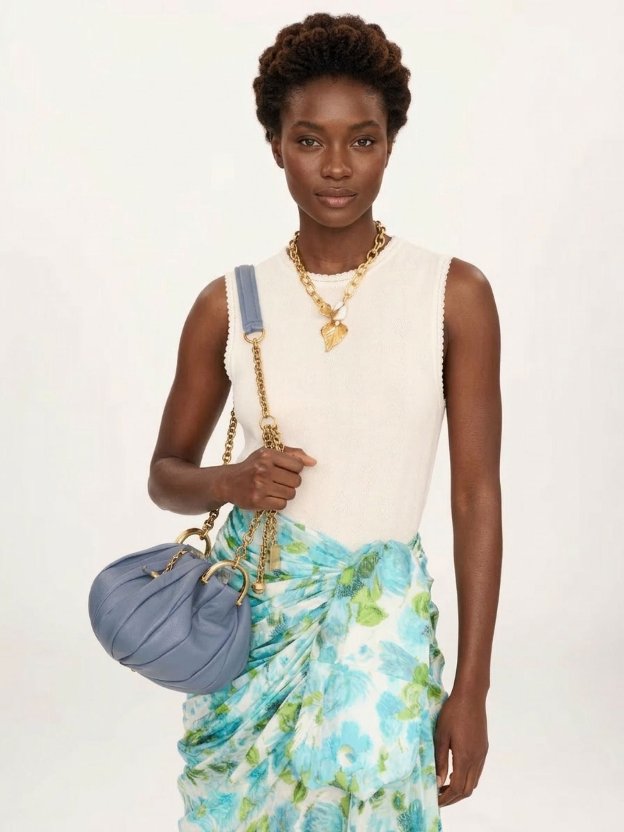 Borsa a spalla Chloé Plissé con catena in pelle plissettata Ashes Blue