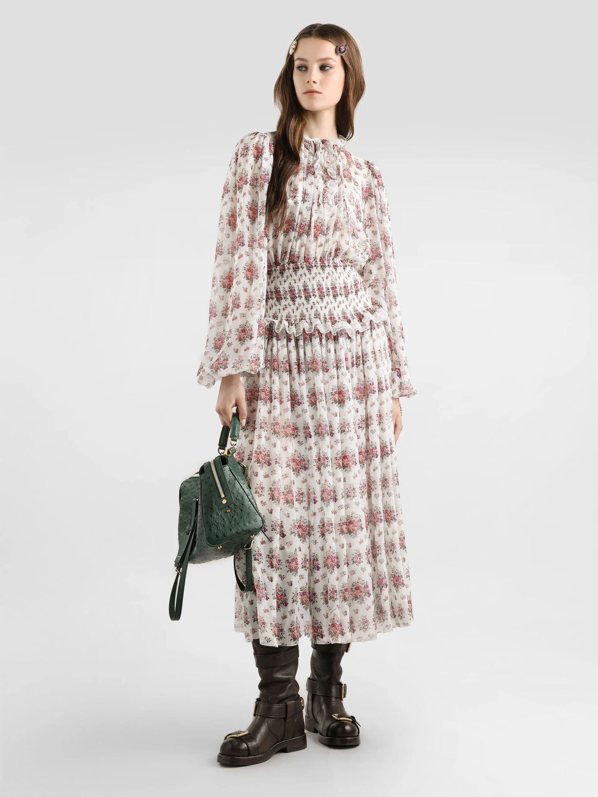 Abito lungo in chiffon stampa mazzolini di fiori
