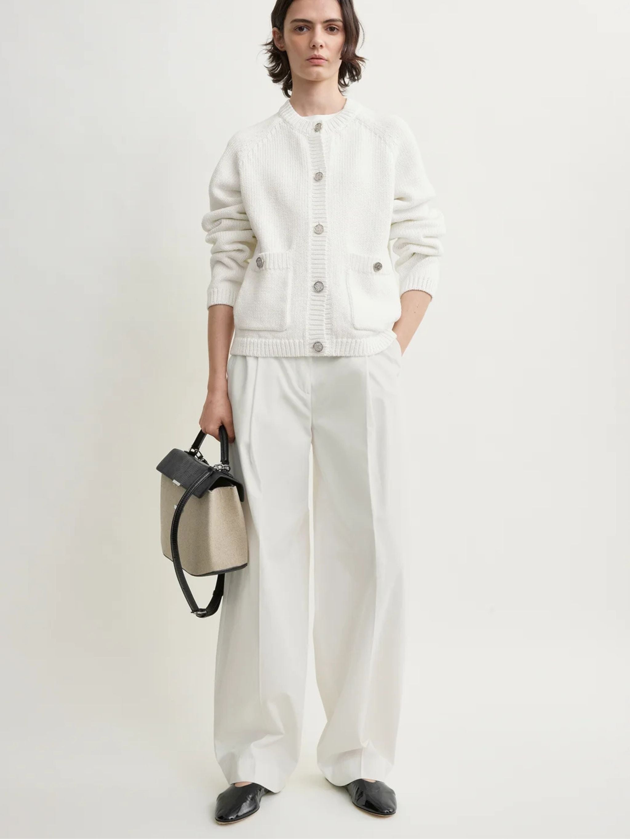 Hammered button cotton cardigan white