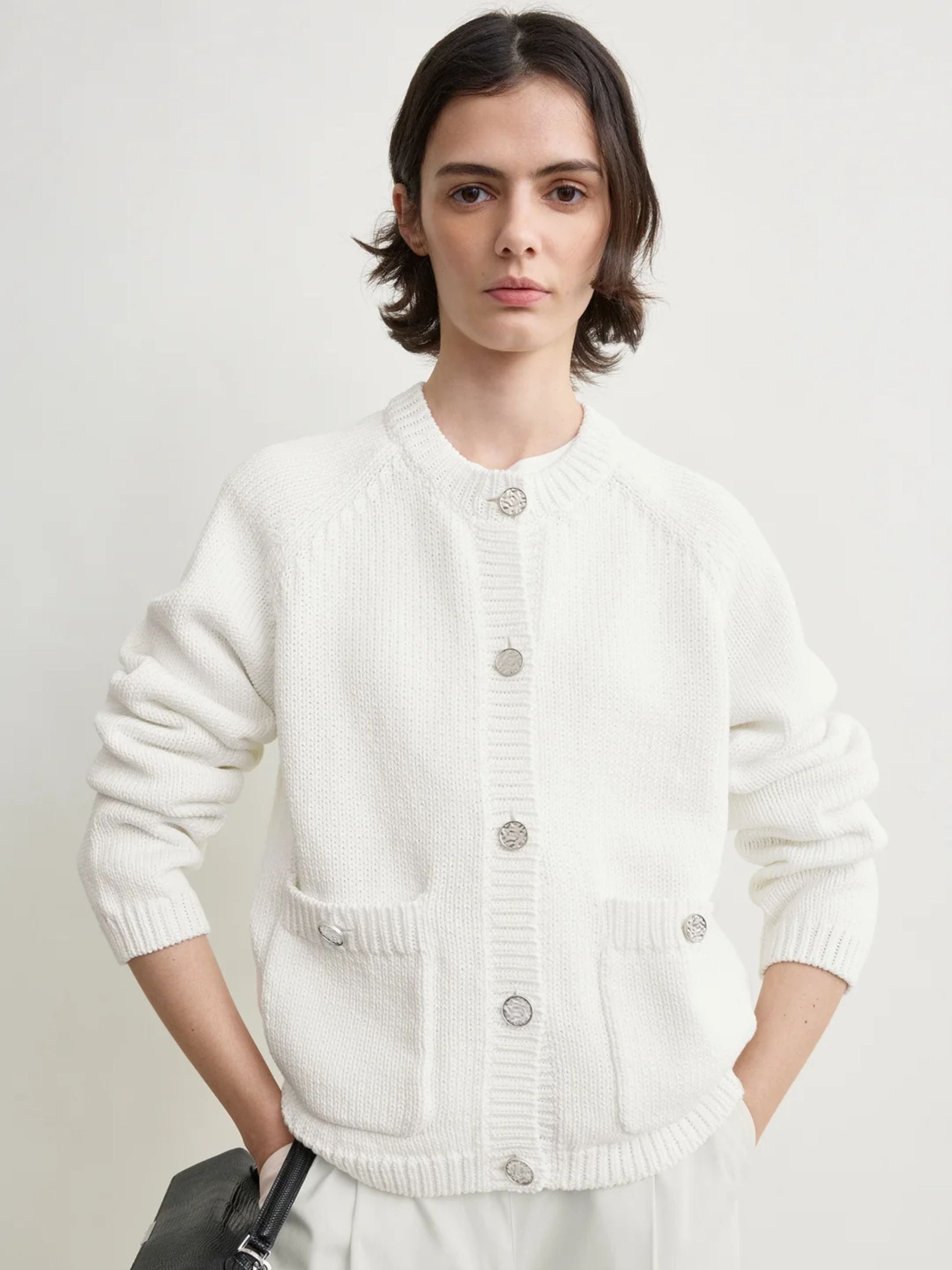 Hammered button cotton cardigan white