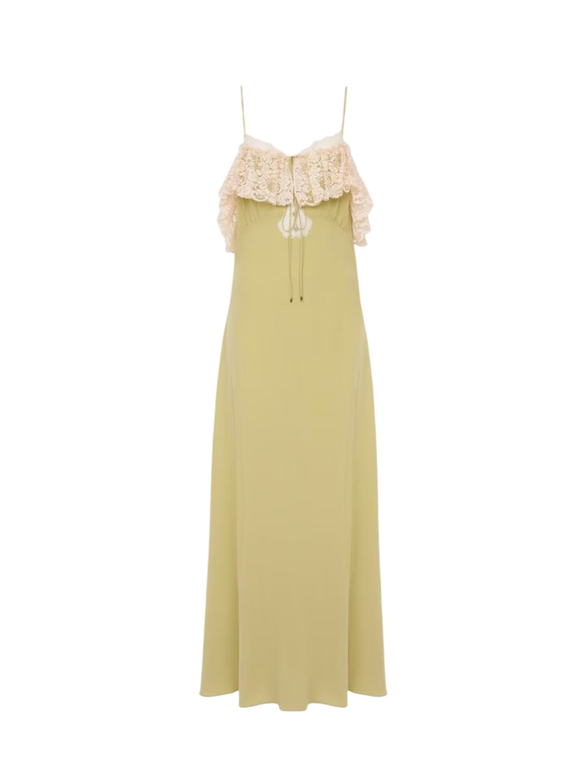 Thin-strap long dress in crêpe de chine & lace