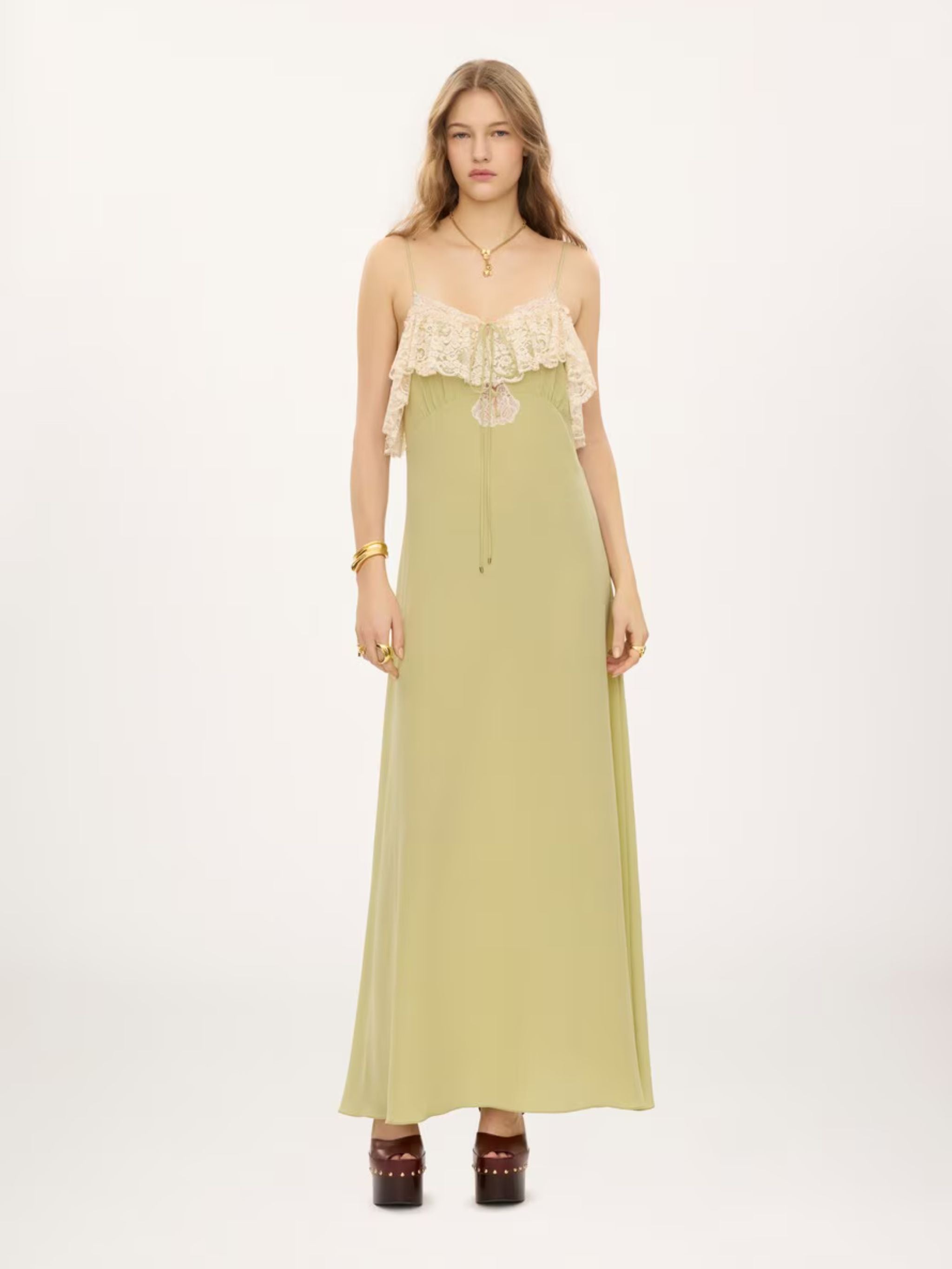 Thin-strap long dress in crêpe de chine & lace
