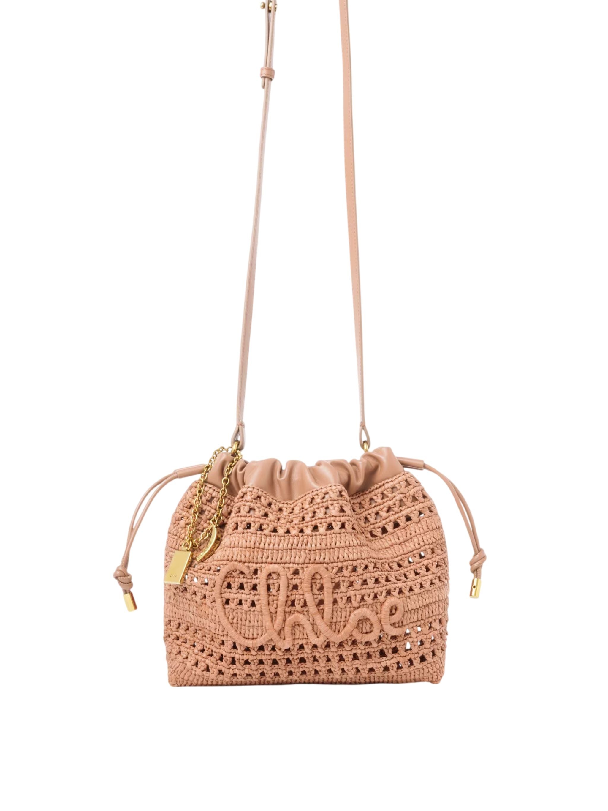 Borsa a tracolla Mini Summer Banana con coulisse in rafia Summery Beige