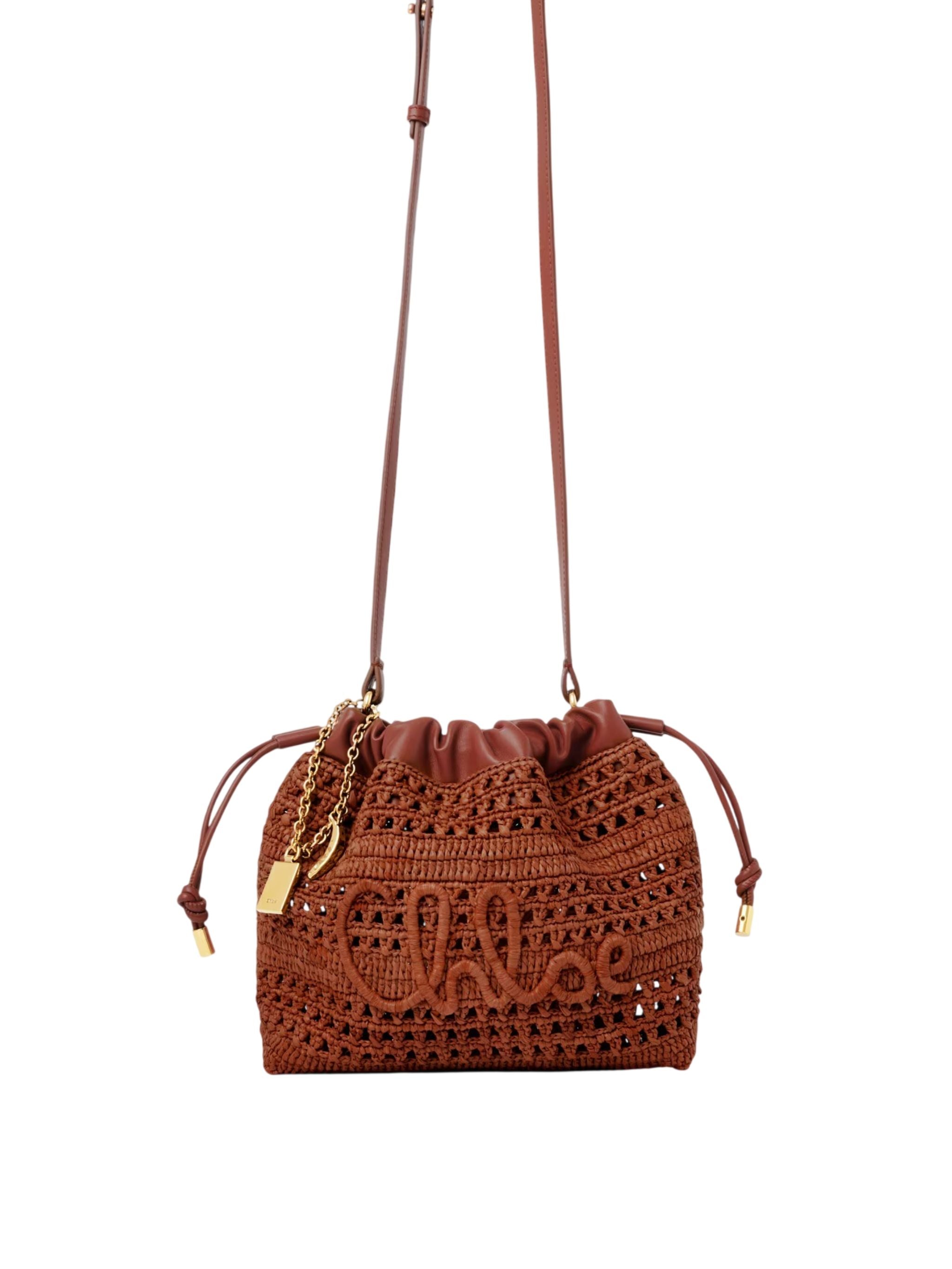 Borsa a tracolla Mini Summer Banana con coulisse in rafia Clay Brown