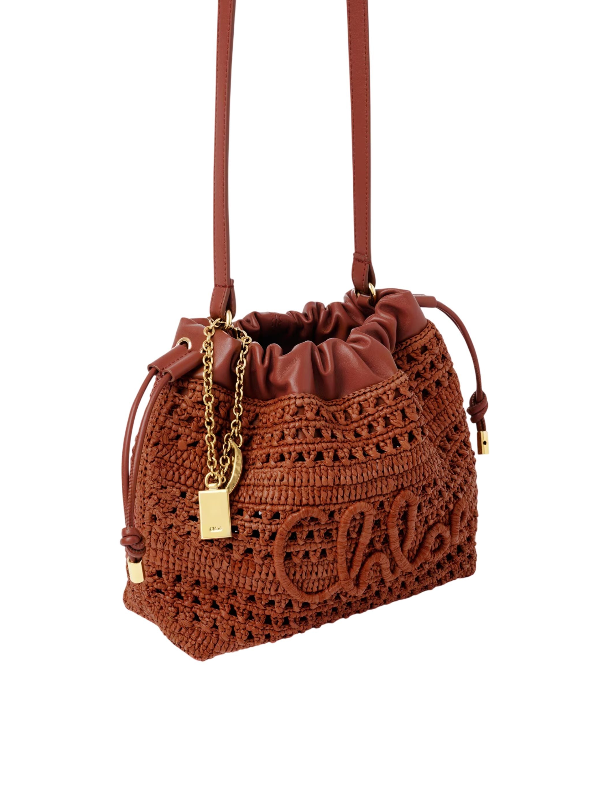 Borsa a tracolla Mini Summer Banana con coulisse in rafia Clay Brown
