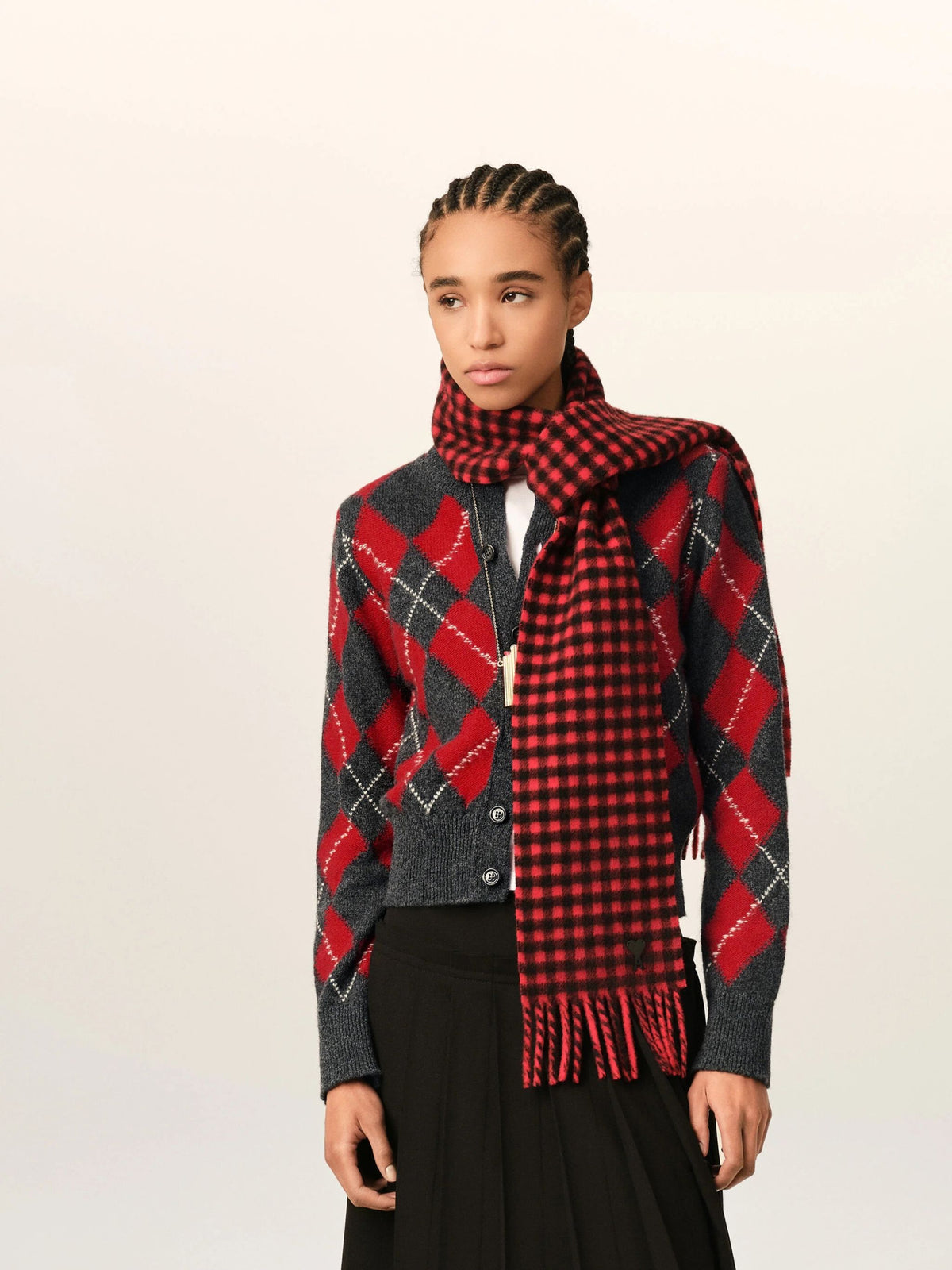 Grey wool cardigan with red argyle pattern