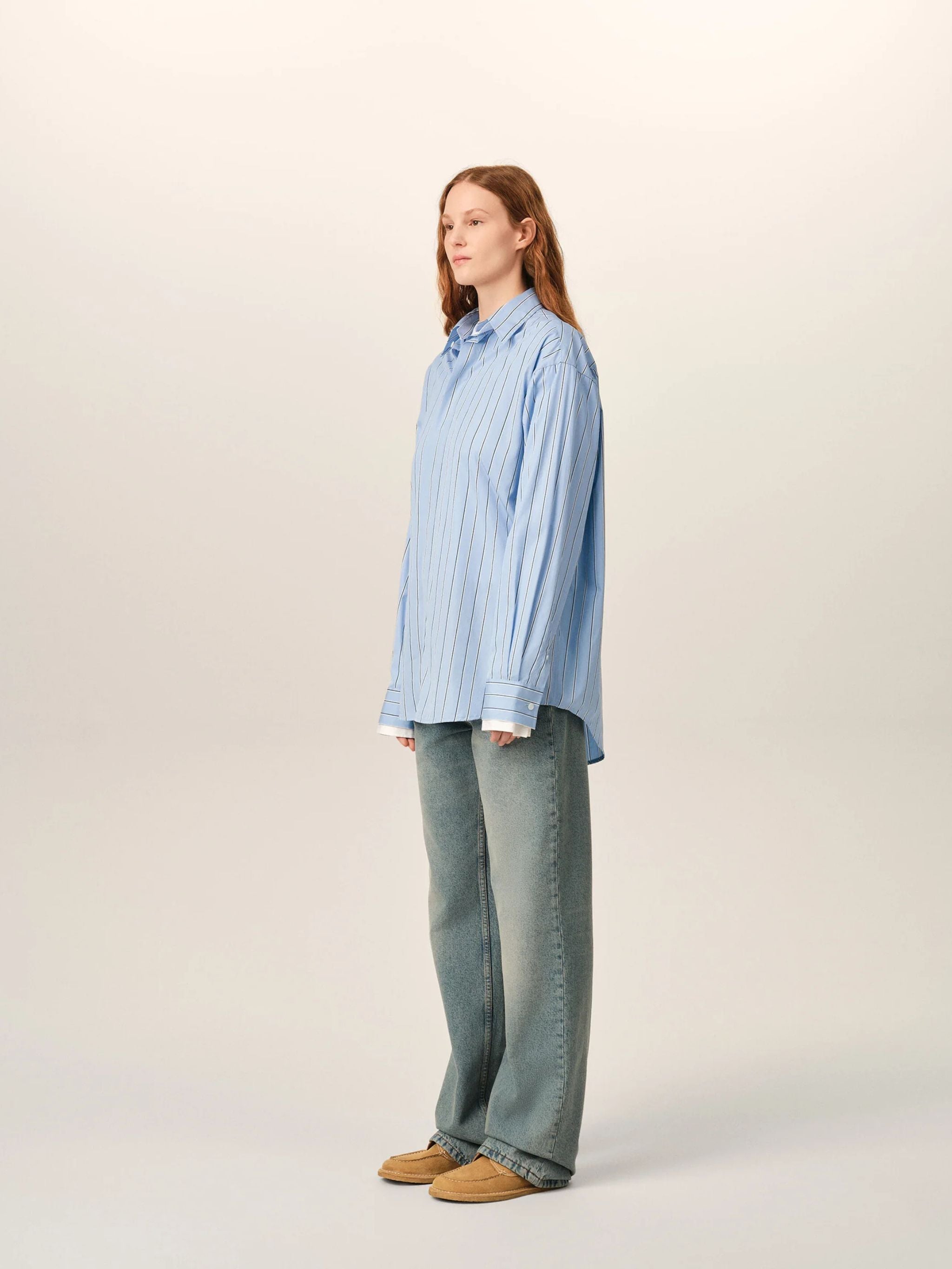 Blue large striped cotton shirt with removable collar