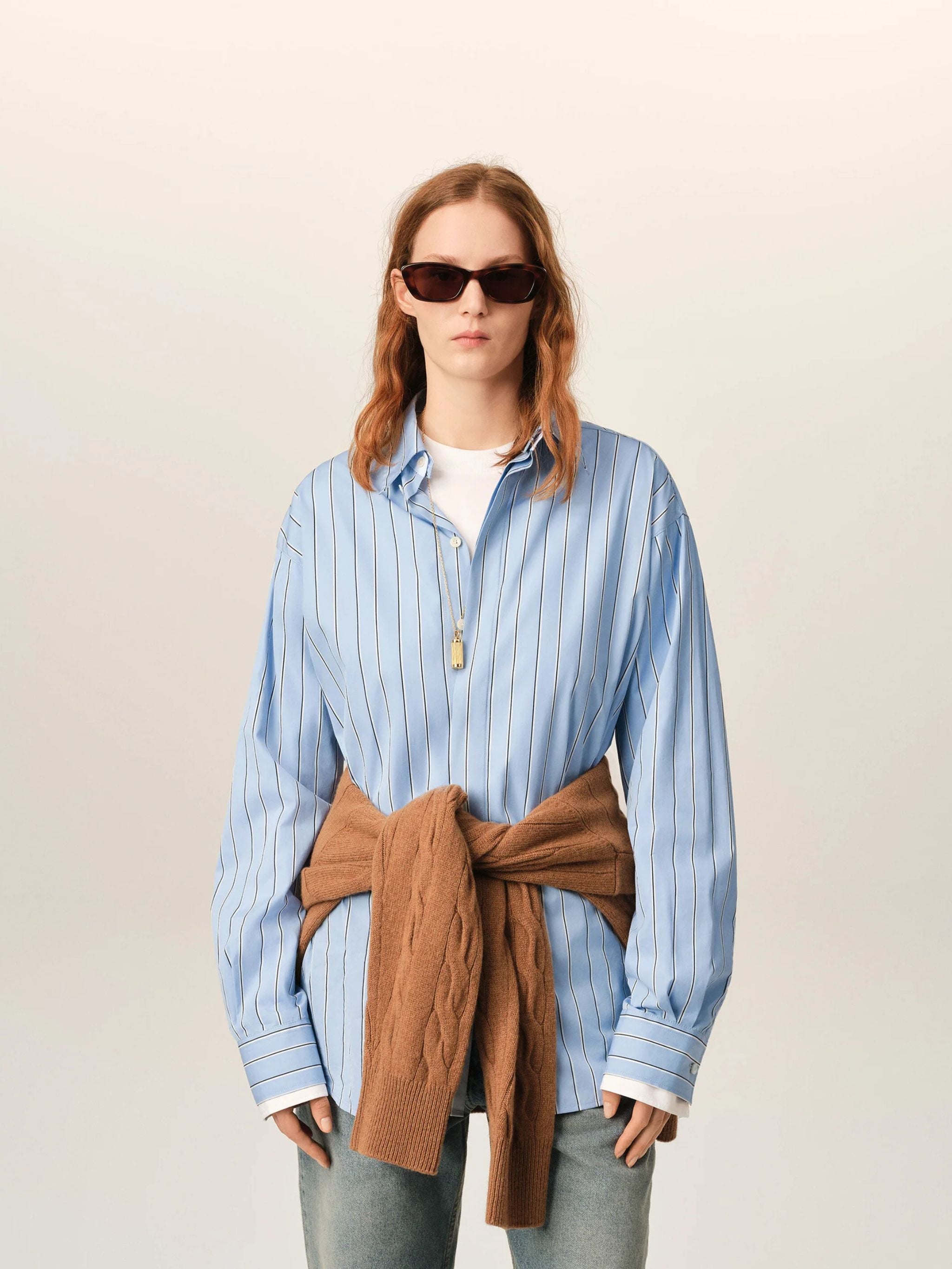 Blue large striped cotton shirt with removable collar