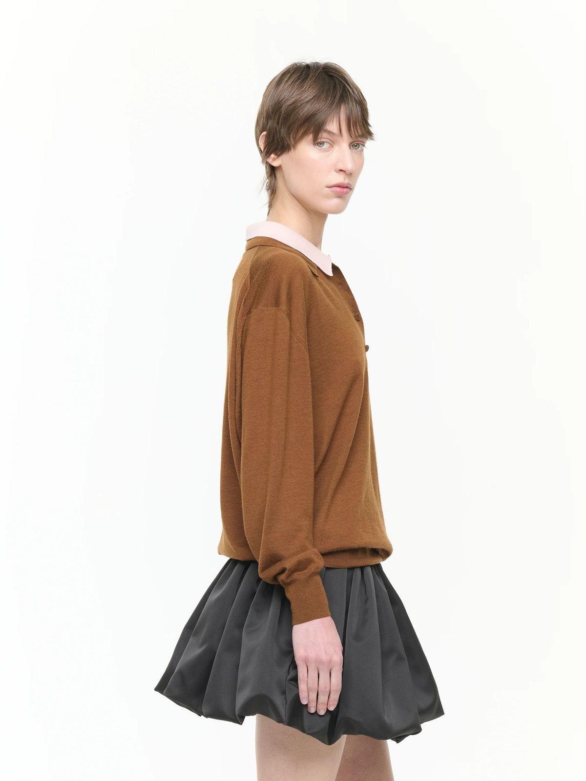 BROWN PINK DOUBLE COLLAR POLO SWEATER