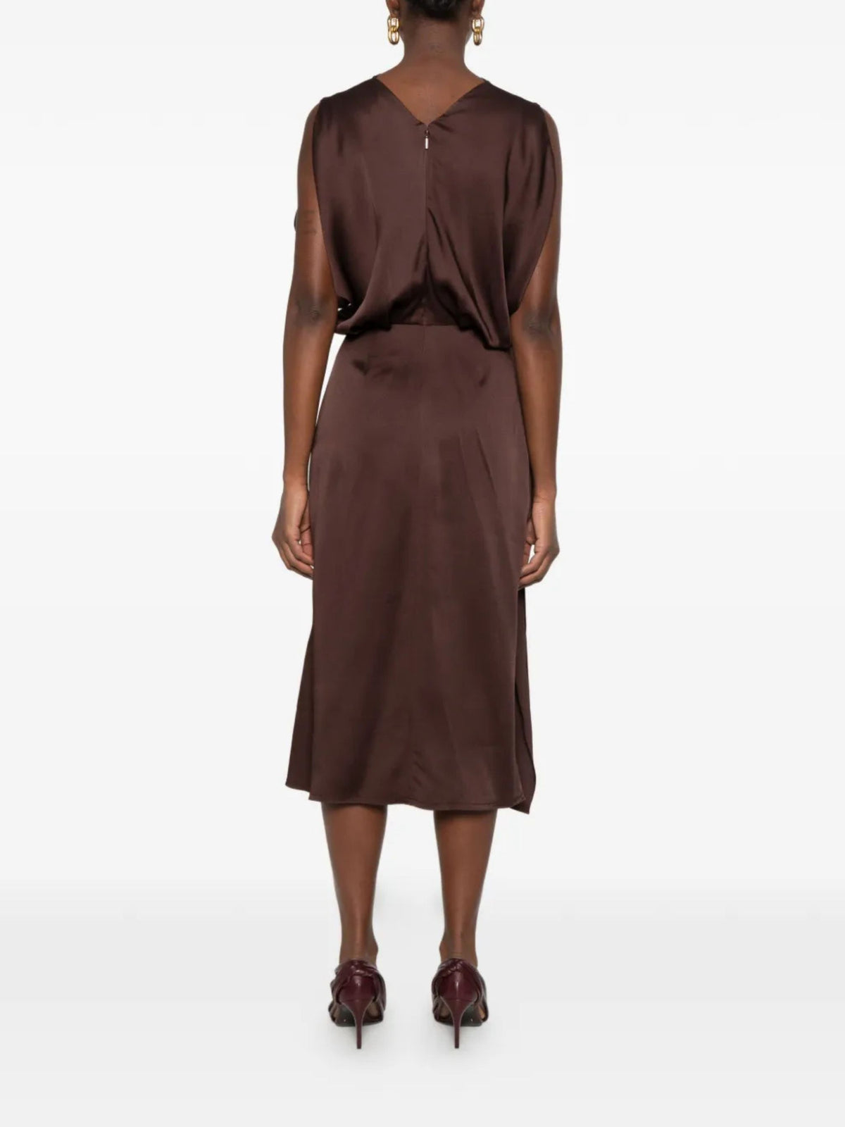 Abito Midi Elegante Lanvin Drappeggiato con Volant in Satin Marrone
