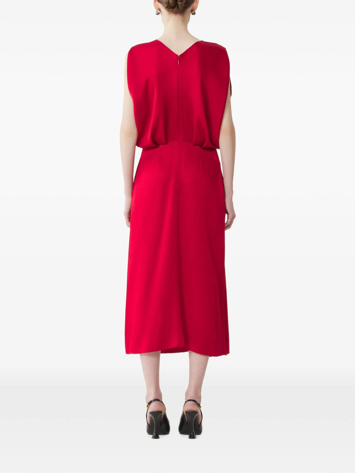 Abito Midi Elegante Lanvin Drappeggiato con Volant in Satin Rosso Rubino