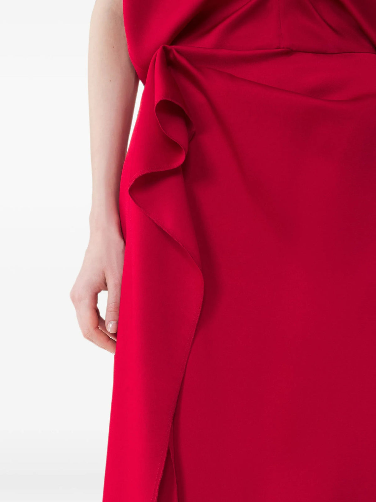 Abito Midi Elegante Lanvin Drappeggiato con Volant in Satin Rosso Rubino