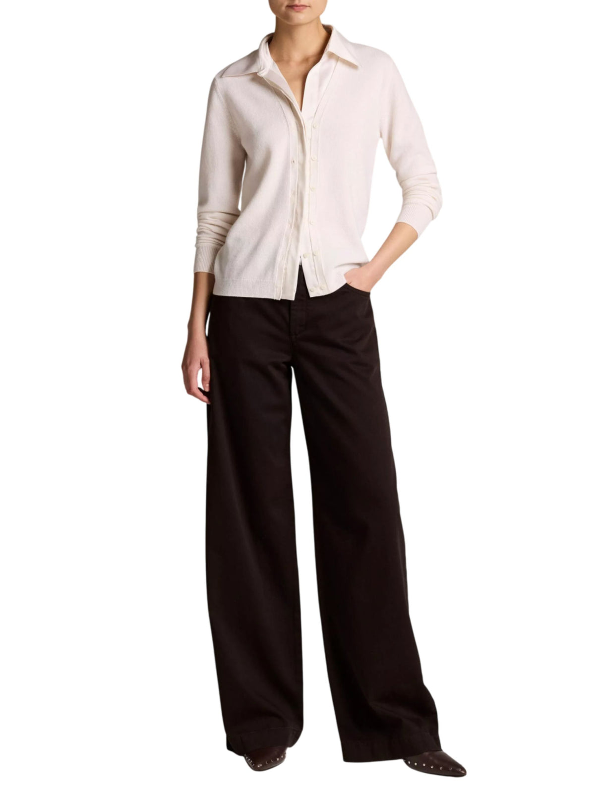 Cardigan in cashmere con profili in satin bianco panna