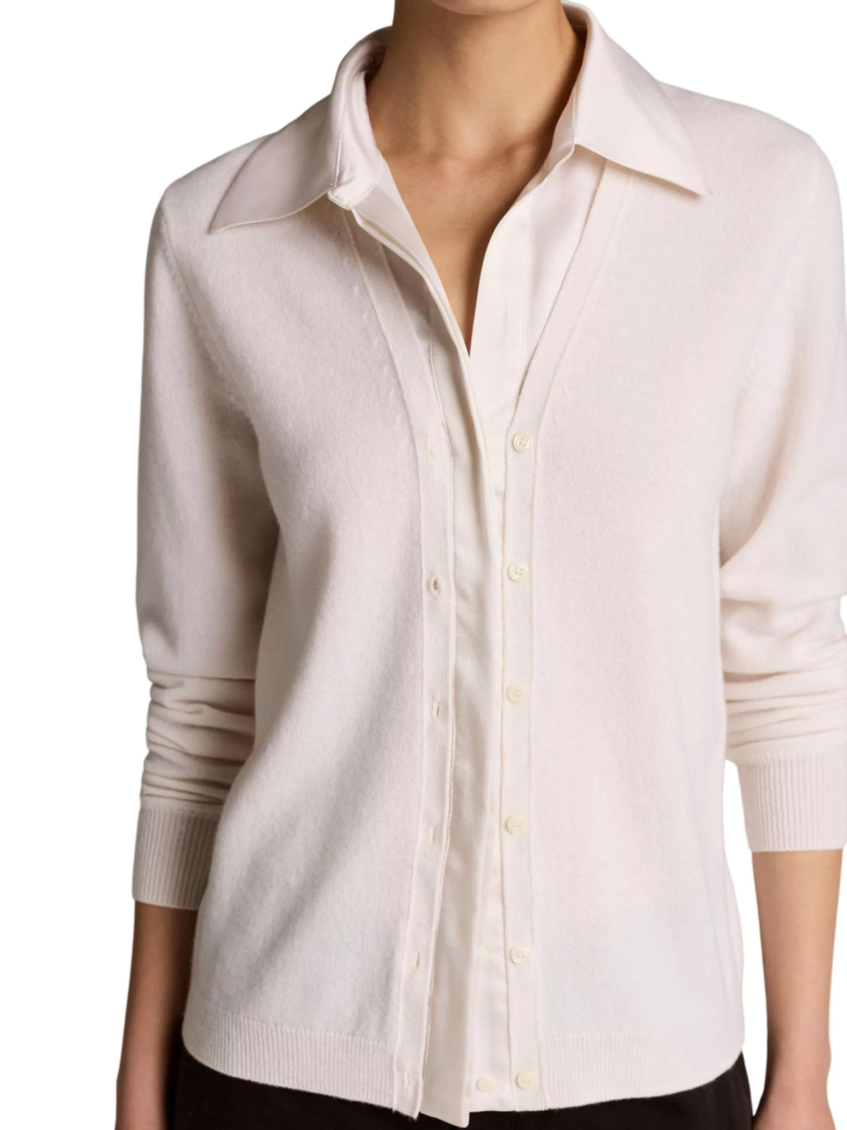Cardigan in cashmere con profili in satin bianco panna