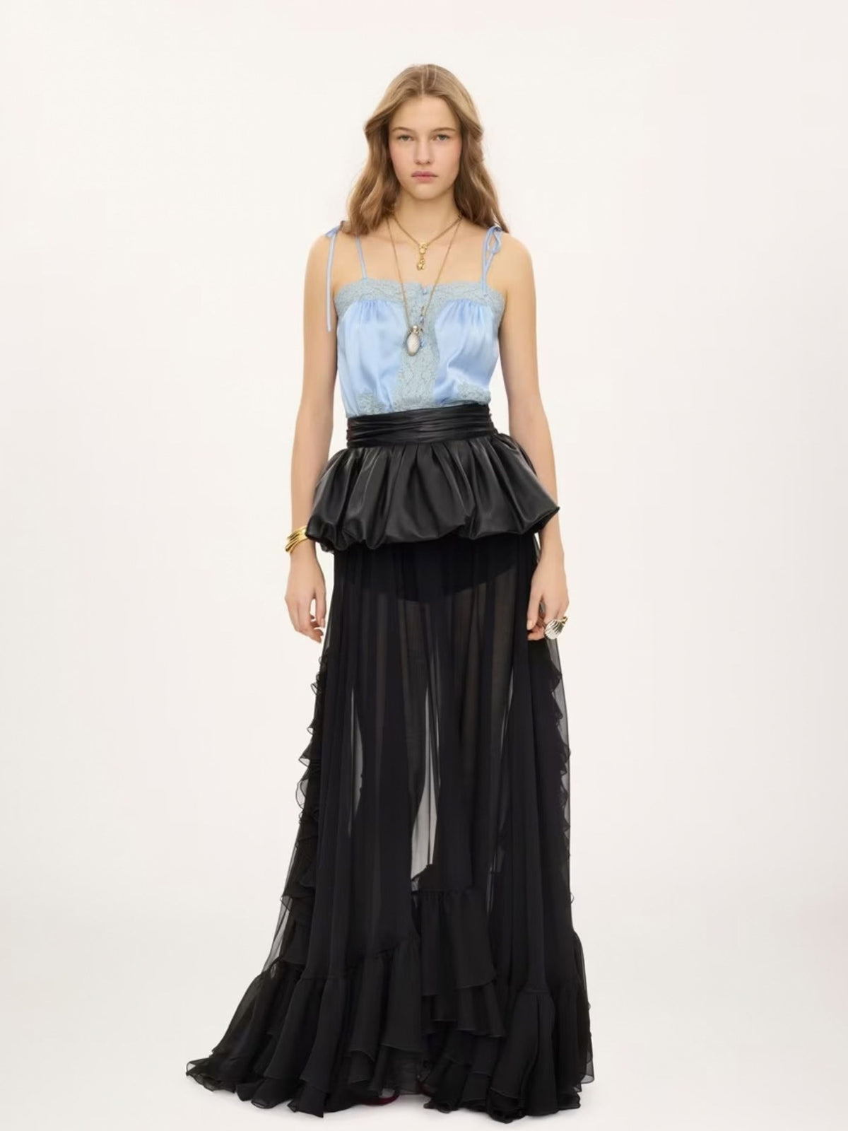 Top in washed silk satin and lace
