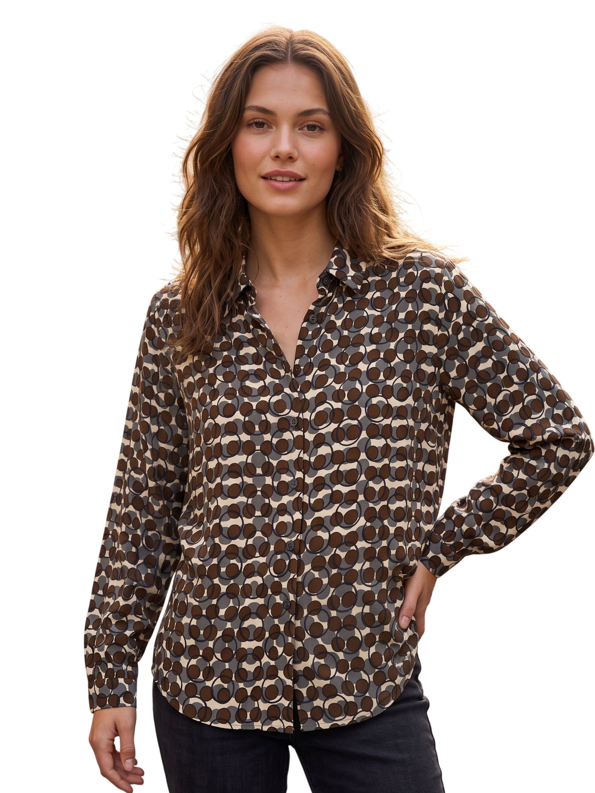 Camicia Laura Urbinati con stampa cerchi grigio cacao in seta