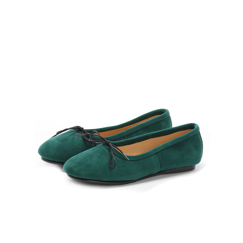 WOMEN`S HANDMADE ELEGANT BALLET FLATS SHOES IN BLACK SUEDE LEATHER WITH BOW ON TIP