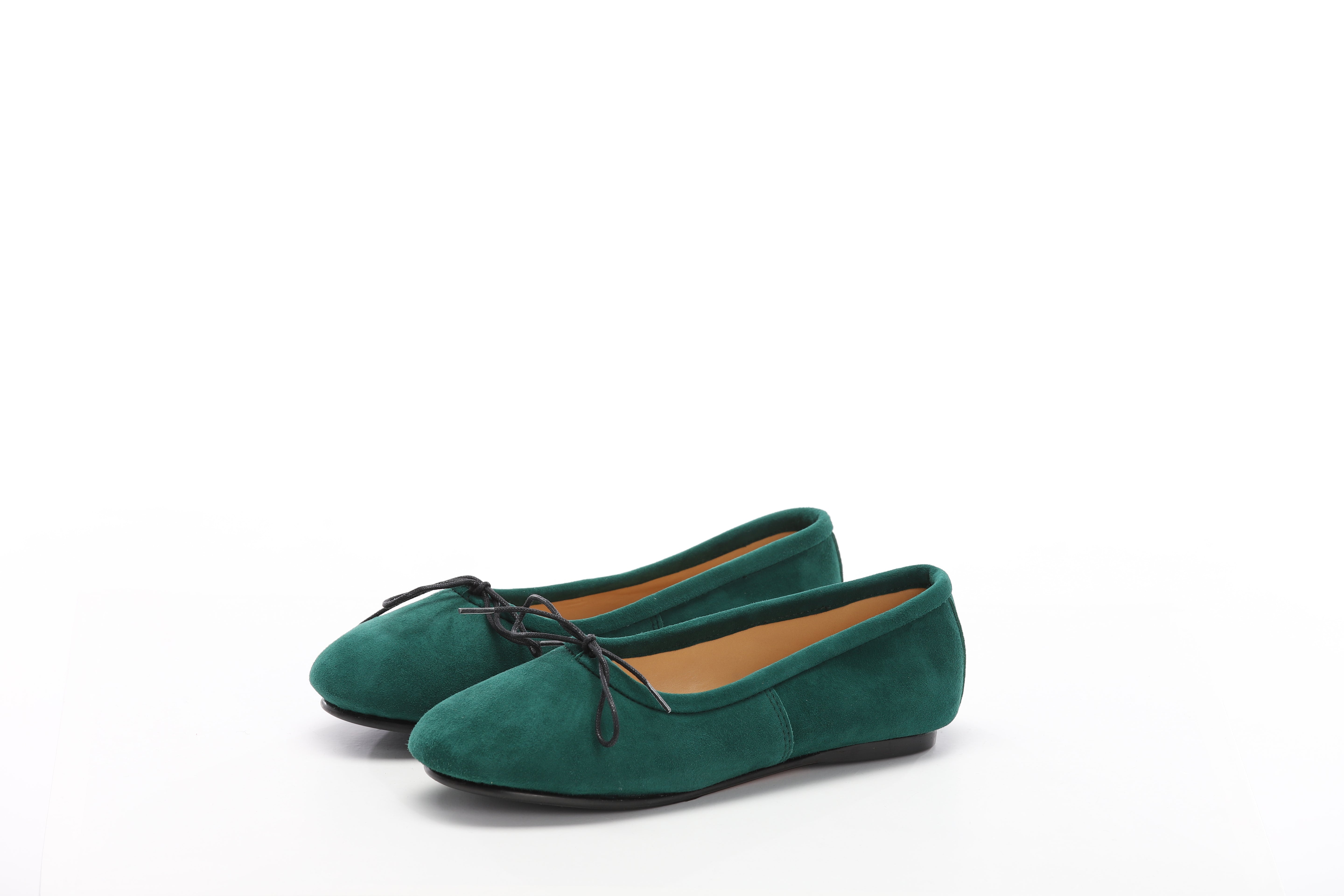 WOMEN`S HANDMADE ELEGANT BALLET FLATS SHOES IN BLACK SUEDE LEATHER WITH BOW ON TIP