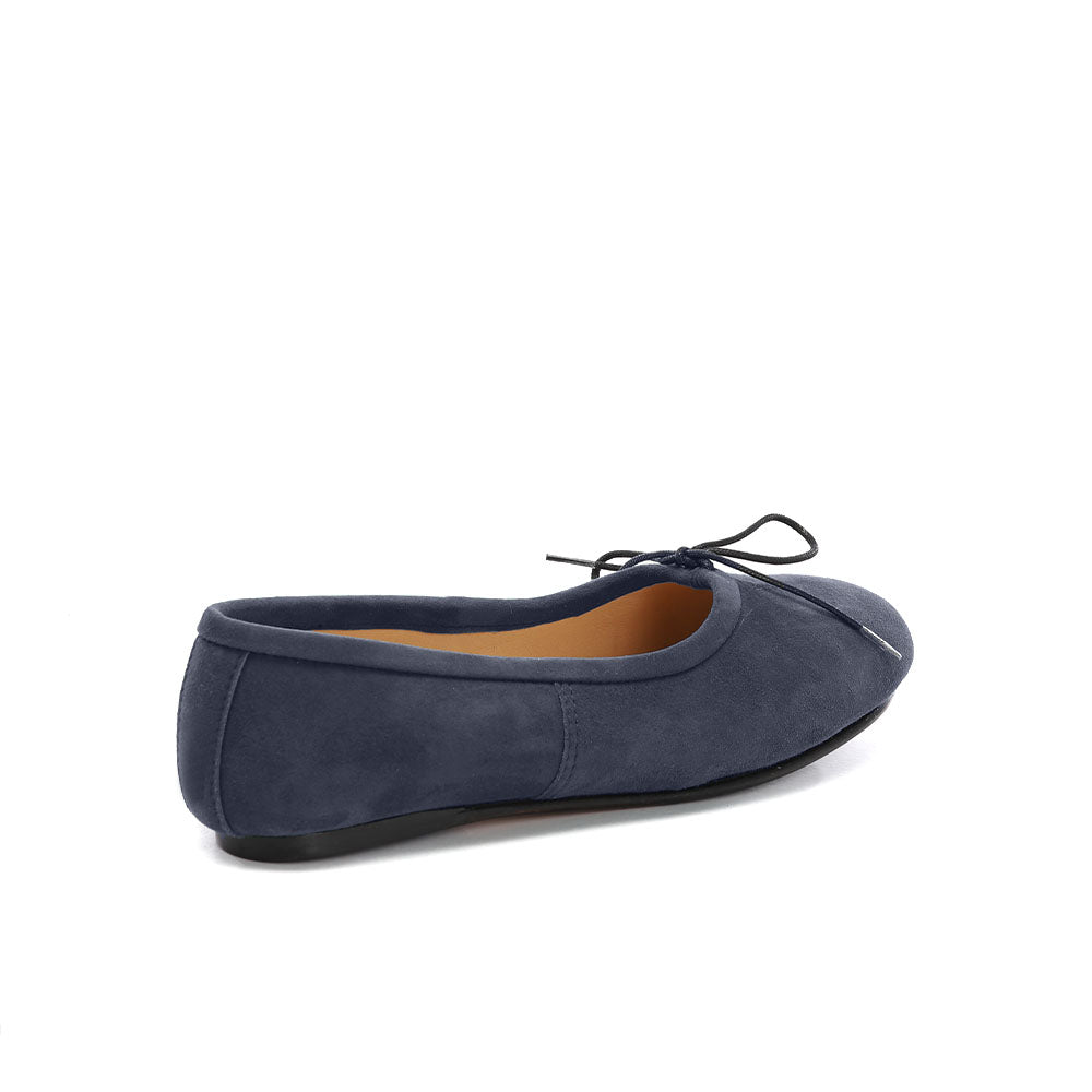 WOMEN`S HANDMADE ELEGANT BALLET FLATS SHOES IN BLACK SUEDE LEATHER WITH BOW ON TIP