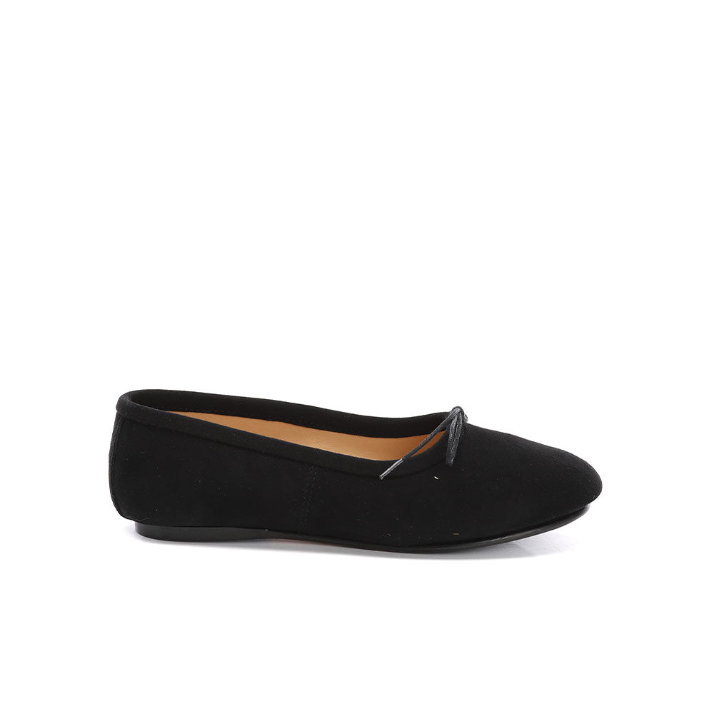 WOMEN`S HANDMADE ELEGANT BALLET FLATS SHOES IN BLACK SUEDE LEATHER WITH BOW ON TIP